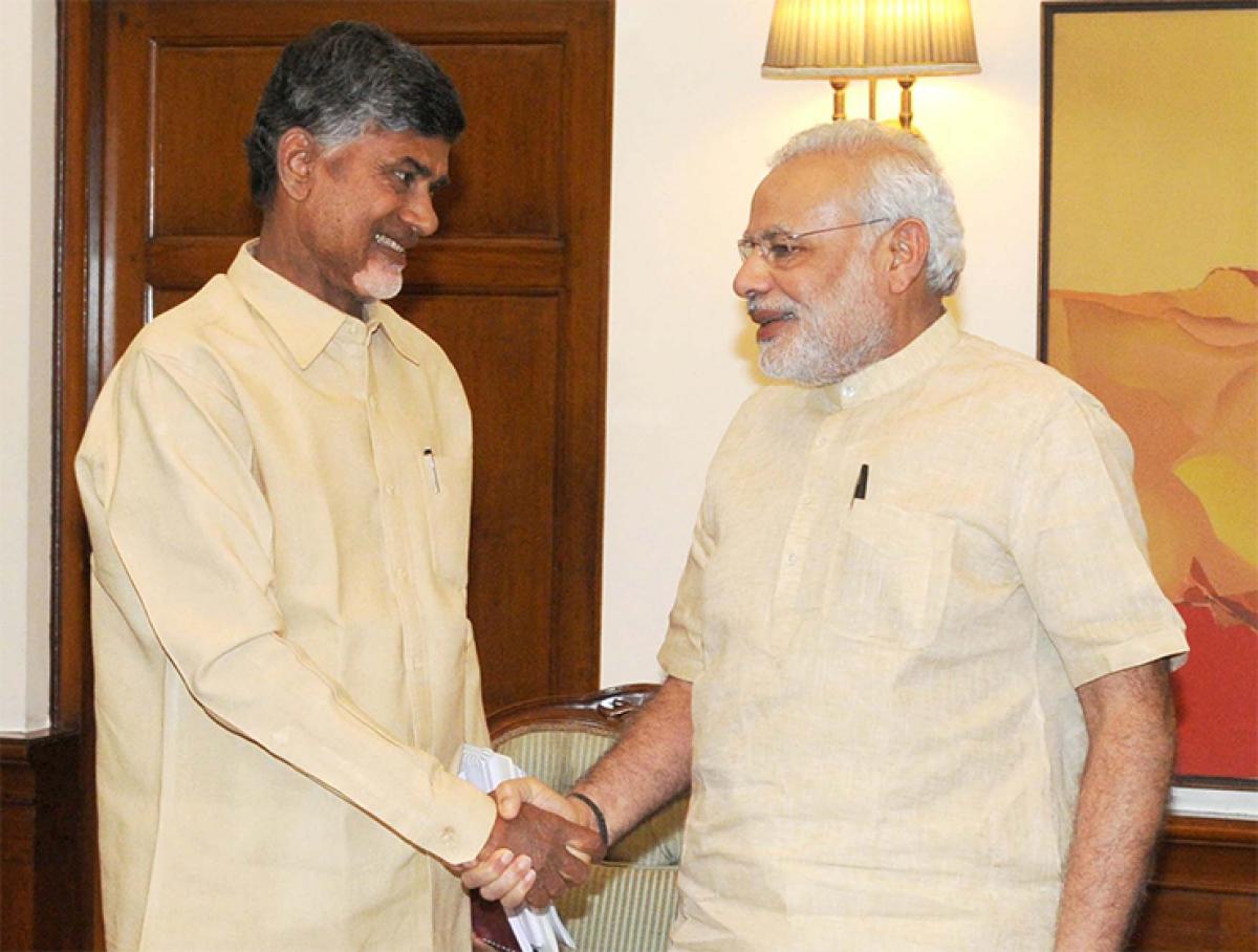 AP Chief Minister N Chandrababu Naidu calls on Prime Minister Narendra Modi at 7 Race Course Road, in New Delhi, on Wednesday